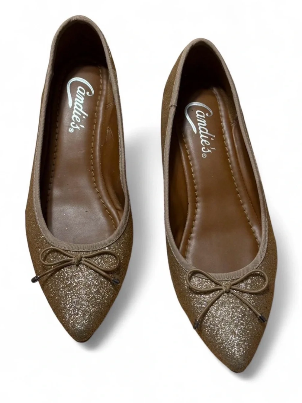 Glitter Pointed-Toe Ballet Flats in Champagne